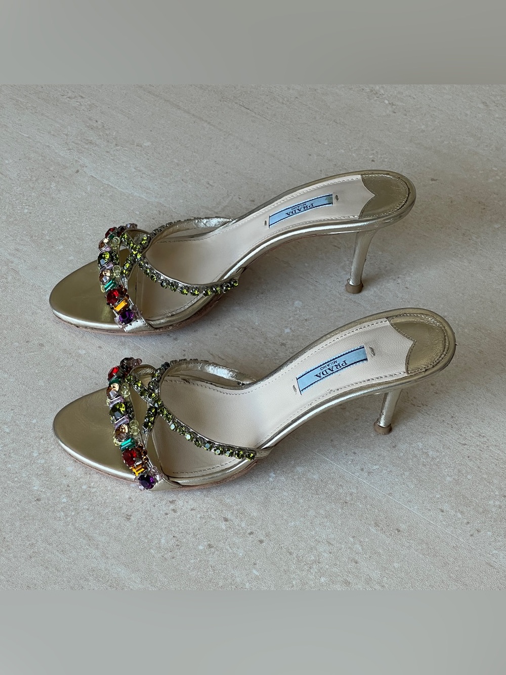 Prada Gold Crystal-Embellished Open-Toe Heels - Picture 4 of 8